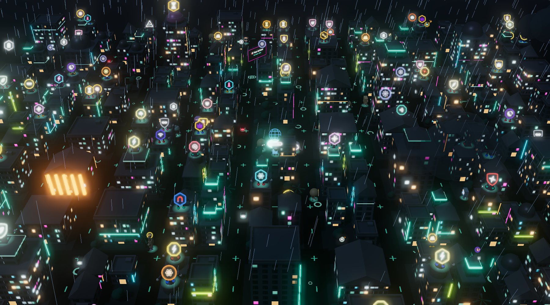 The PunkCity 3D city at night in the rain, with holograms on the rooftops